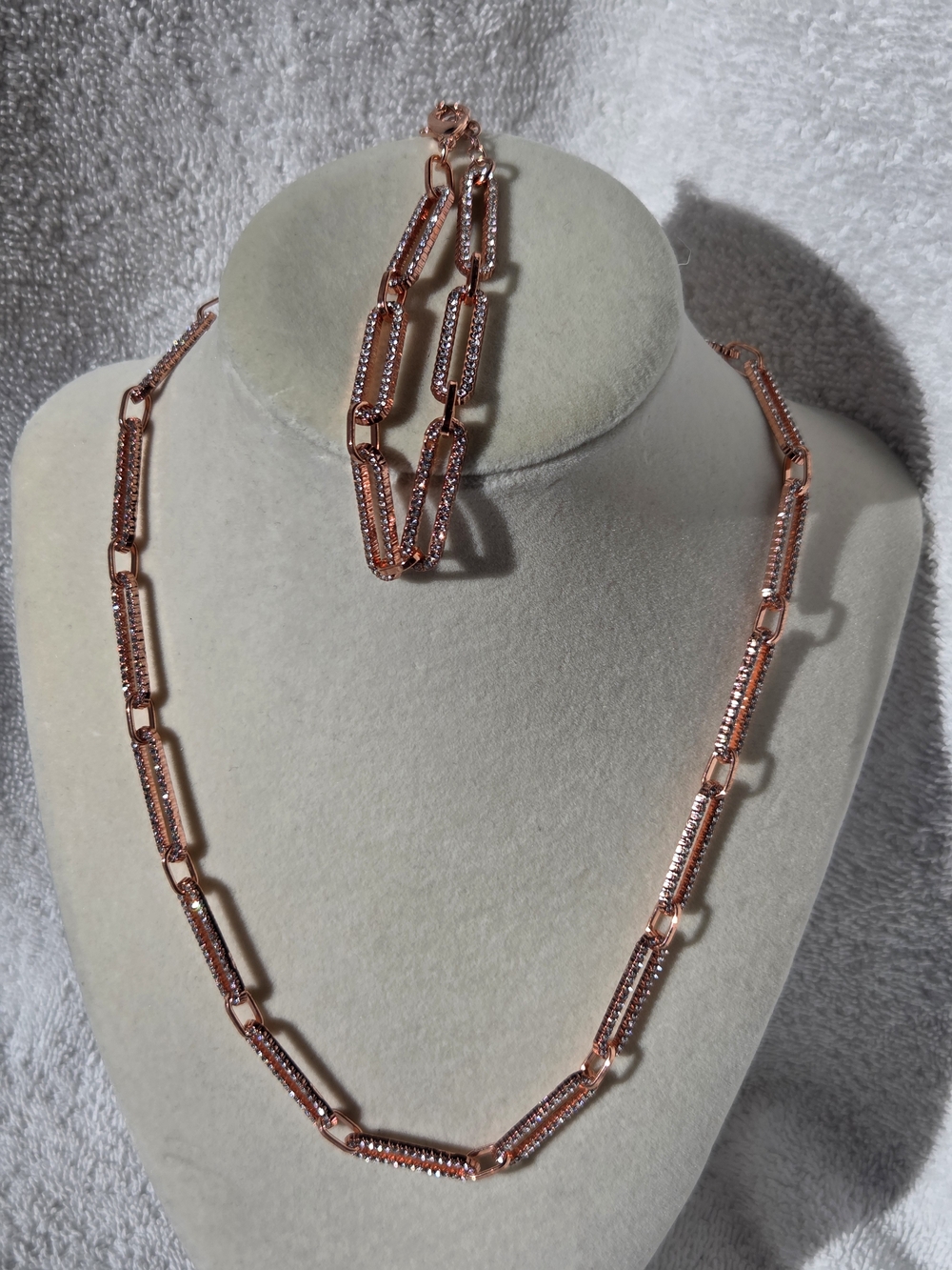 White Austrian Crystal Paperclip Necklace & Bracelet Set in Rose Gold Tone